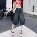 复古高腰牛仔七分裤